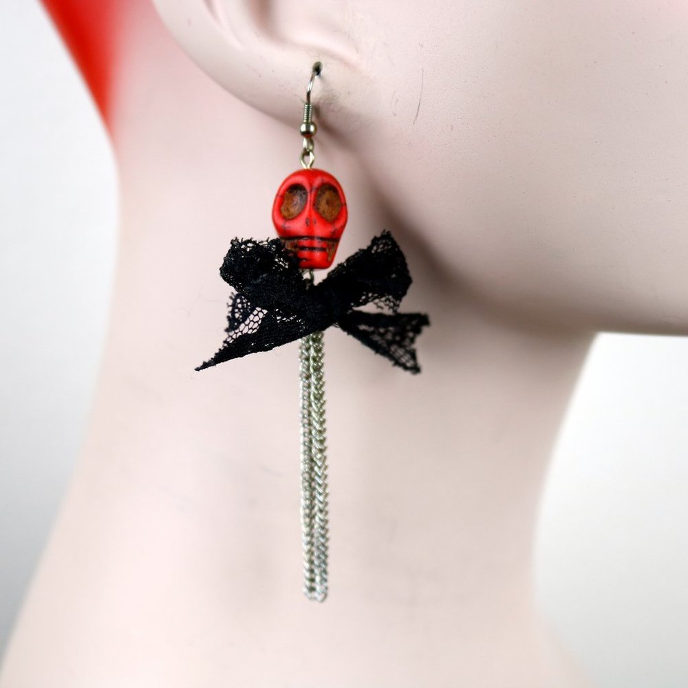 Red Skull with Black Bow Day of the Dead Earrings